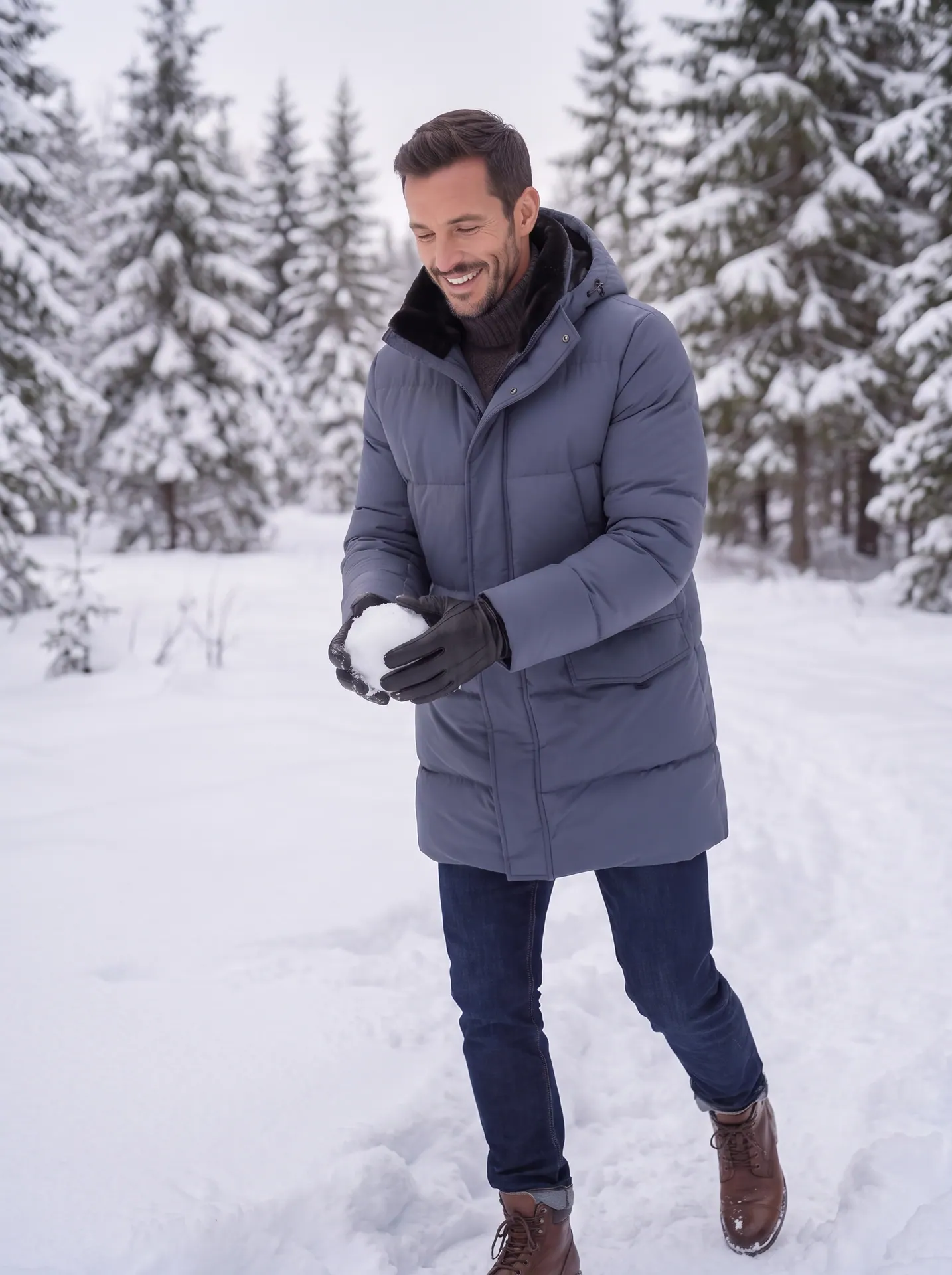 Мужчина в пуховике Adam Frost ХИБИНЫ в заснеженном лесу